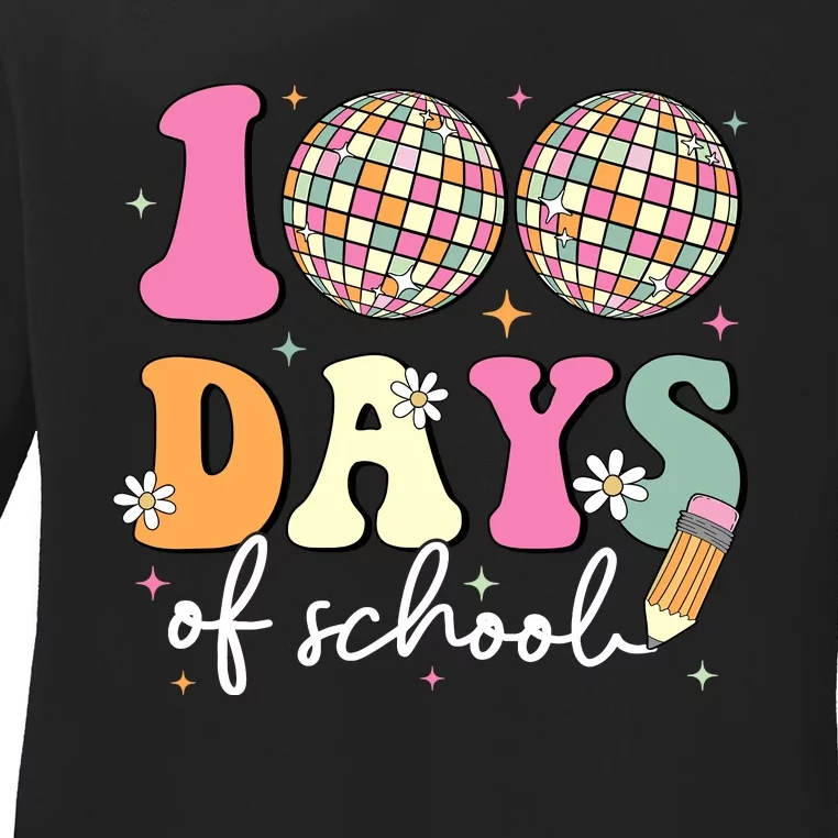 100 Days Of School Teachers Retro Disco 100th Day Of School Ladies Long Sleeve Shirt