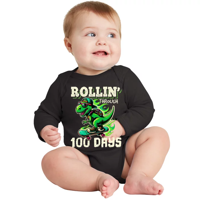 100 Days Of School Teacher 100th Day T Rex Outfit Baby Long Sleeve Bodysuit