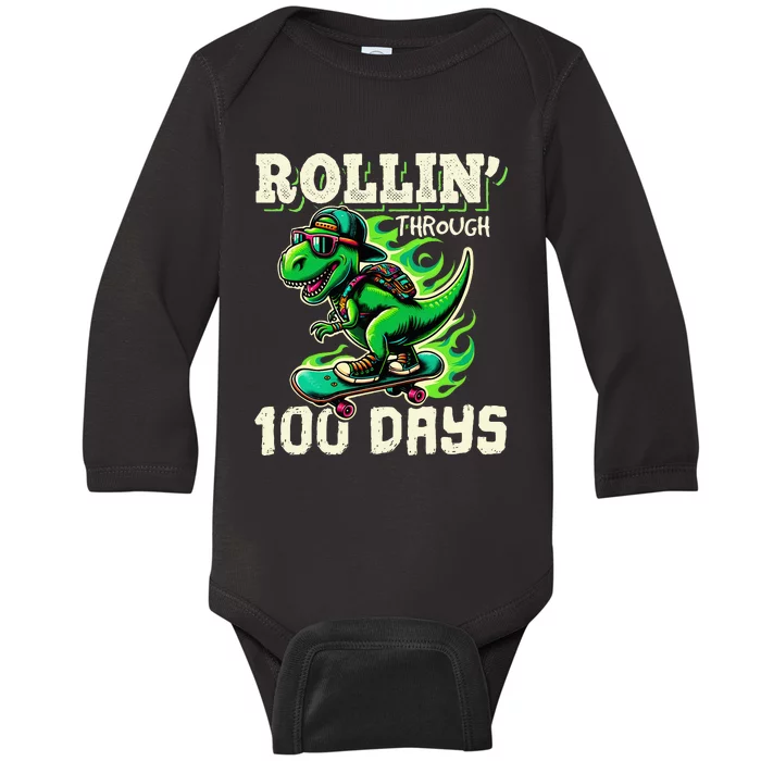 100 Days Of School Teacher 100th Day T Rex Outfit Baby Long Sleeve Bodysuit