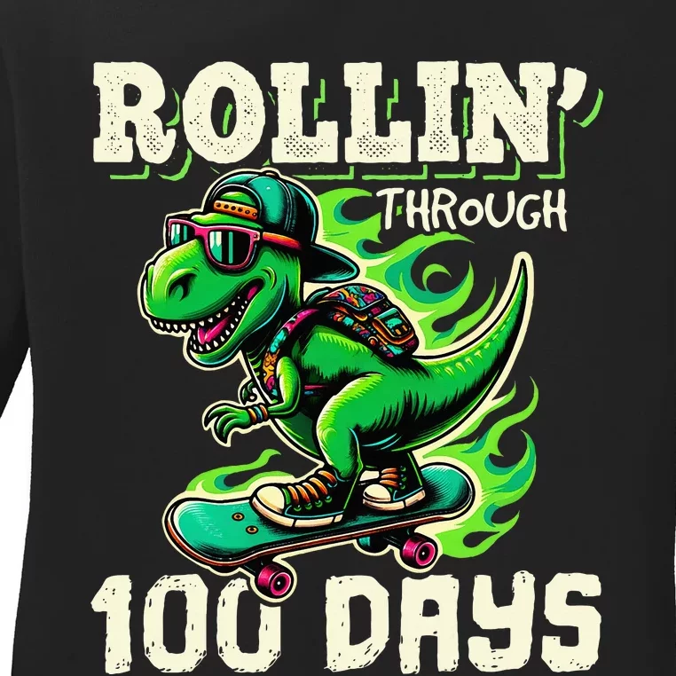 100 Days Of School Teacher 100th Day T Rex Outfit Ladies Long Sleeve Shirt