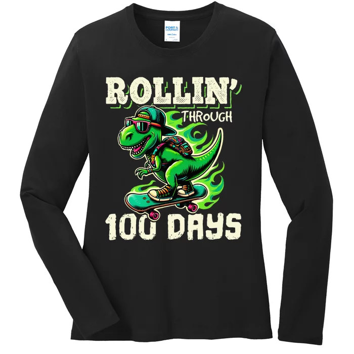 100 Days Of School Teacher 100th Day T Rex Outfit Ladies Long Sleeve Shirt