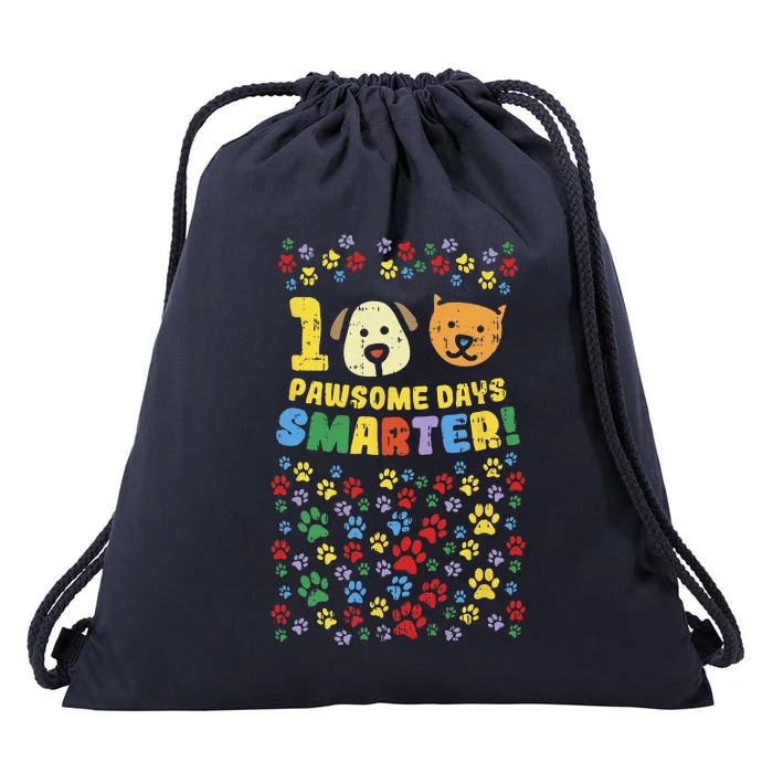 100th Day Of School 100 Pawsome Smarter Dog Cat Paws Drawstring Bag