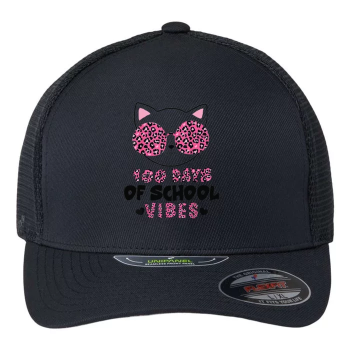 100th Day Of School Vibes 100 Days Cat Leopard Sunglasses Flexfit Unipanel Trucker Cap