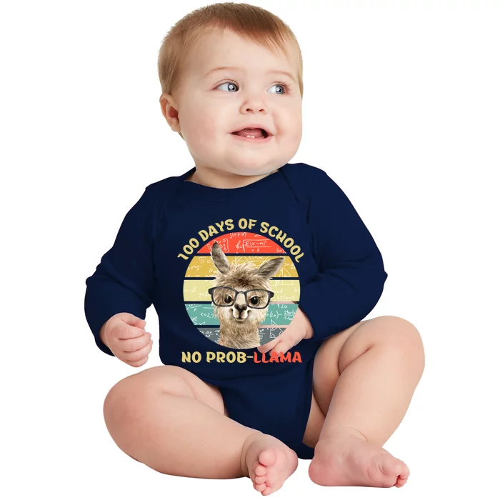 100 Day Of School No Probllama Llama Alpaca Math Nerd Cool Gift Baby Long Sleeve Bodysuit