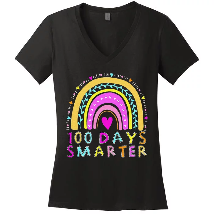 100th Day Of School Teacher rainbow 100 Days Smarter Women's V-Neck T-Shirt