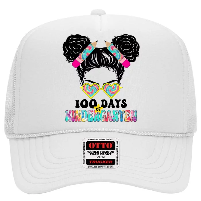 100 Days Of Kindergarten Girls Messy 100th Day Of School High Crown Mesh Trucker Hat