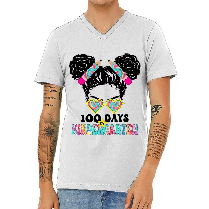 100 Days Of Kindergarten Girls Messy 100th Day Of School V-Neck T-Shirt