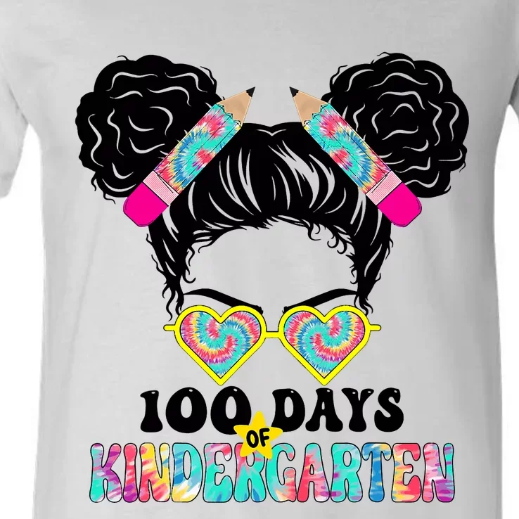 100 Days Of Kindergarten Girls Messy 100th Day Of School V-Neck T-Shirt