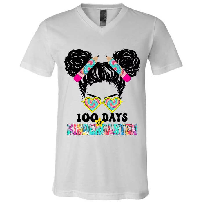 100 Days Of Kindergarten Girls Messy 100th Day Of School V-Neck T-Shirt