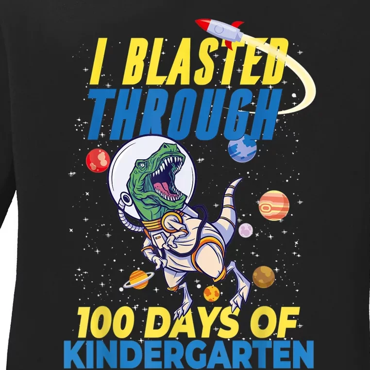 100 Days Of Kindergarten Astronaut Dinosaur Teachers Ladies Long Sleeve Shirt