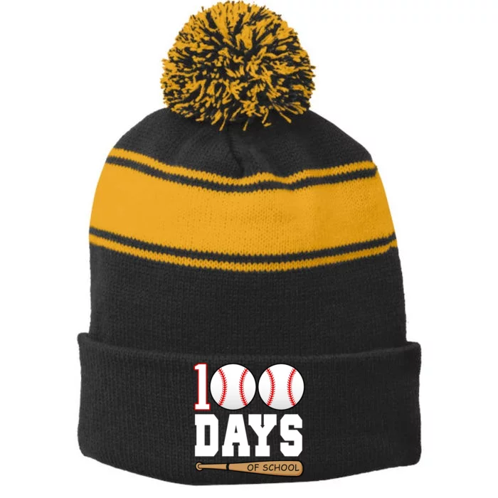 100 Days Of School Baseball Bat And Ball Stripe Pom Pom Beanie