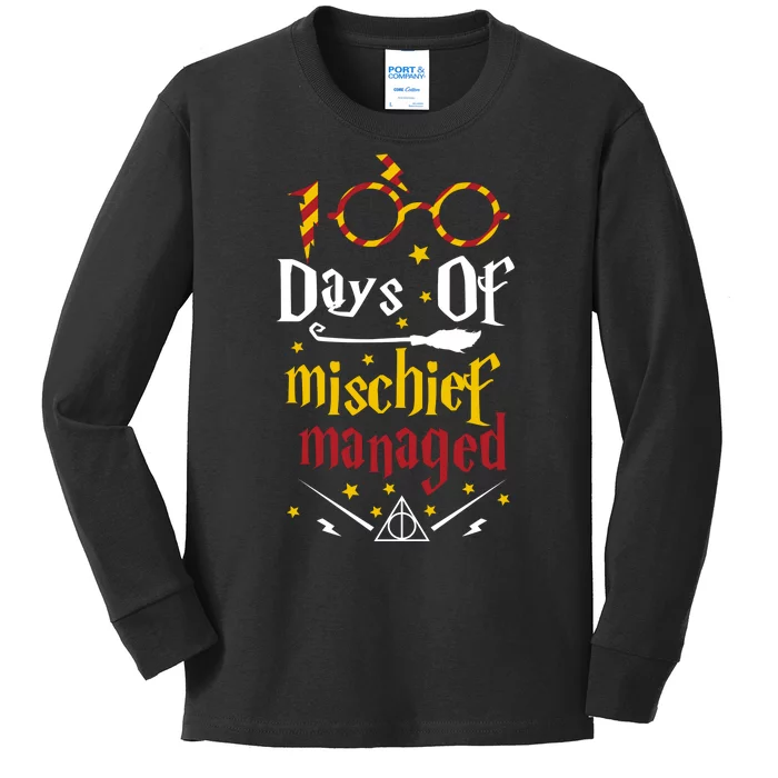 100 Days Of Mischief Managed 100th Day Of School Kids Long Sleeve Shirt