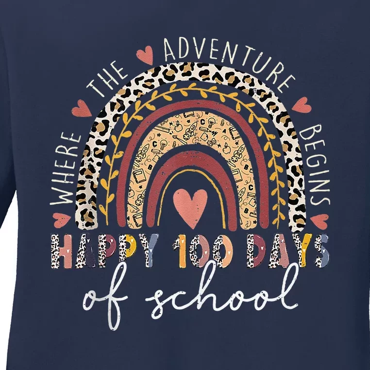 100 Days Rainbow Leopard Boho 100th Day Of School Teacher Ladies Long Sleeve Shirt