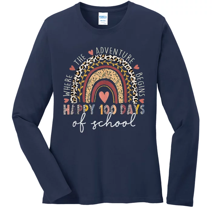 100 Days Rainbow Leopard Boho 100th Day Of School Teacher Ladies Long Sleeve Shirt