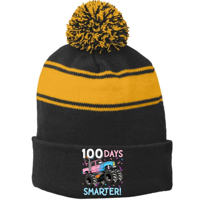 100 Days Smarter Monster Truck 100th Day Of School Girl Stripe Pom Pom Beanie