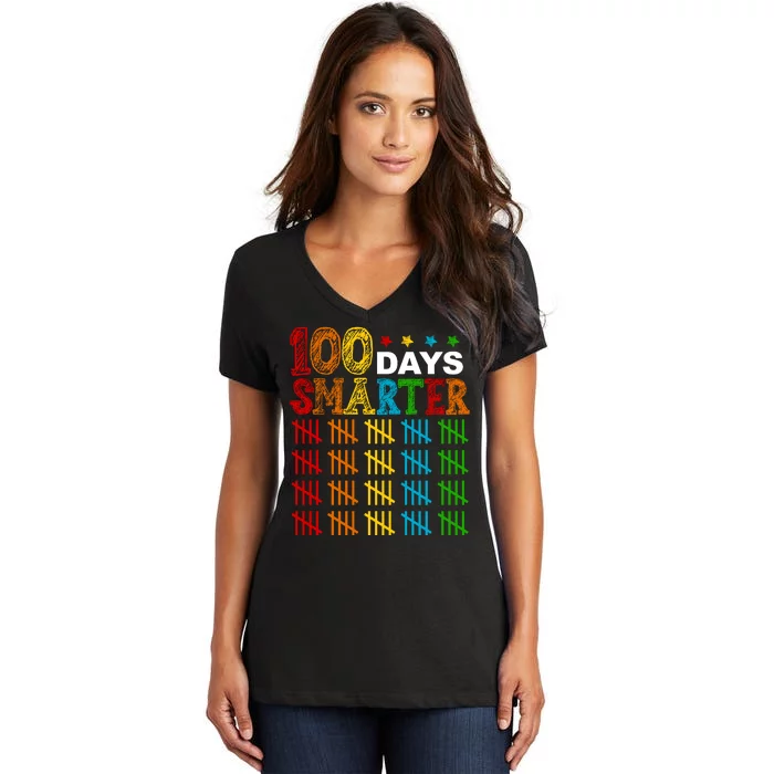 100 Days Smarter Cute Funny 100th Day Of School Women's V-Neck T-Shirt