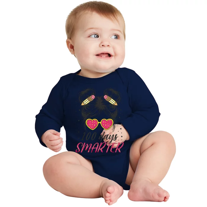 100 Days Smarter Messy Bun Girl Baby Long Sleeve Bodysuit