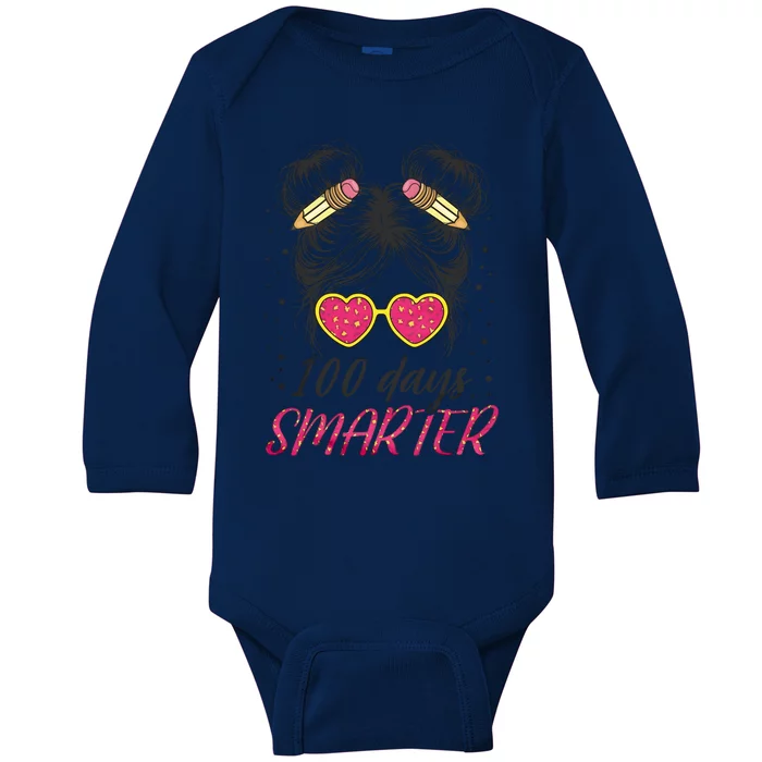 100 Days Smarter Messy Bun Girl Baby Long Sleeve Bodysuit