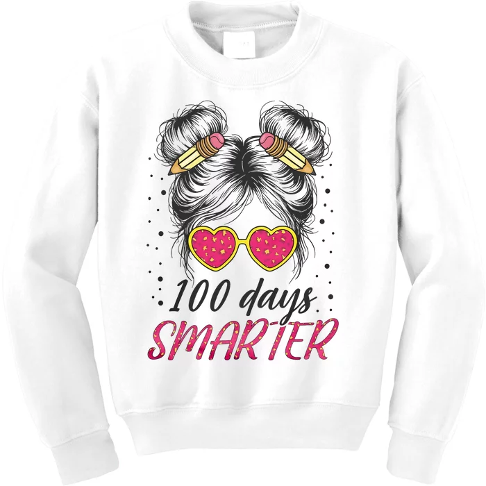 100 Days Smarter Messy Bun Girl Kids Sweatshirt