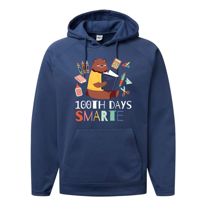 100th Days Smarter With A Bear And Books Gift Performance Fleece Hoodie