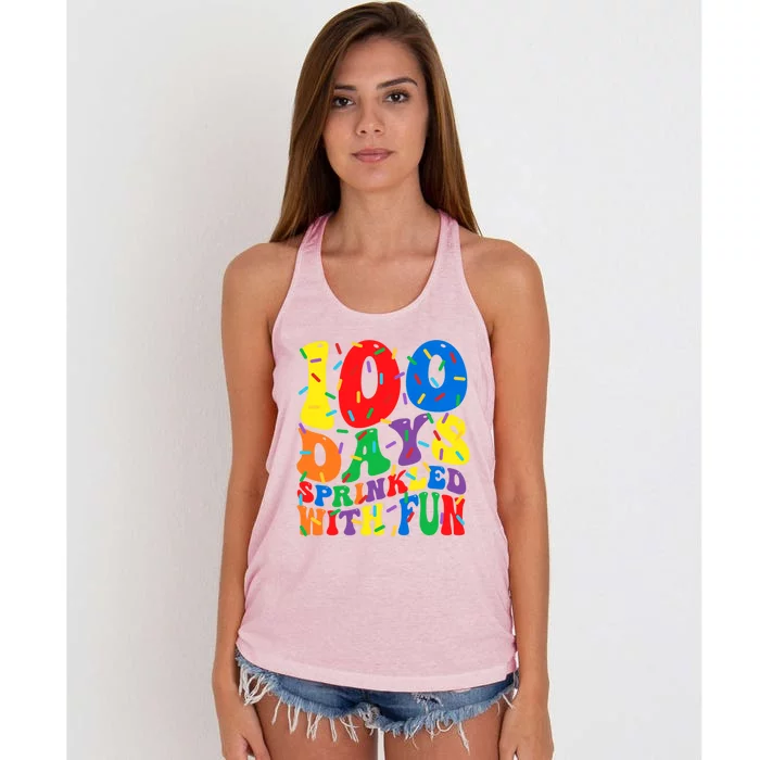 100 Days Sprinkled With Fun Groovy Teacher 100 Day Of School Great Gift Women's Knotted Racerback Tank