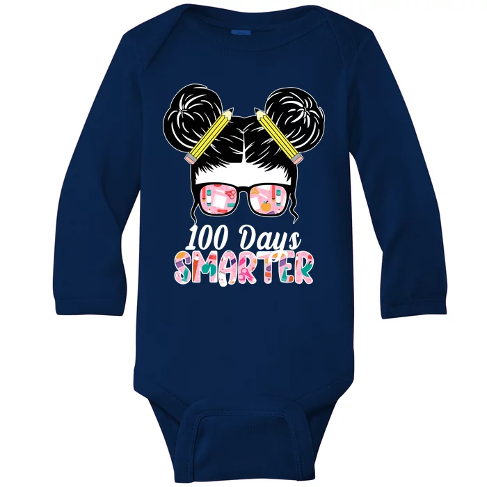 100 Days Smarter Student Hair Bun Baby Long Sleeve Bodysuit