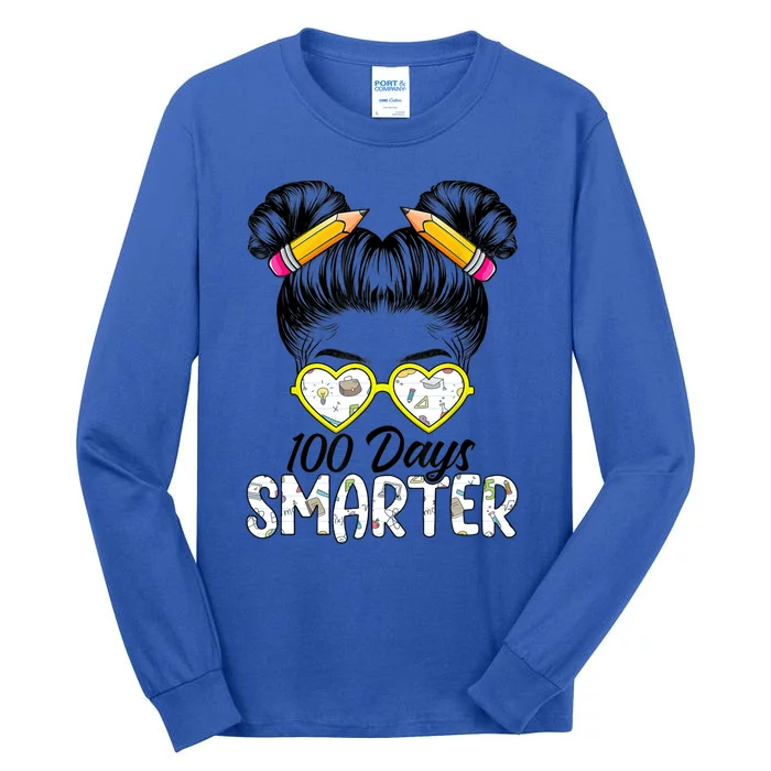 100 Days Smarter Messy Bun Hair 100 Days Of School Gift Tall Long Sleeve T-Shirt