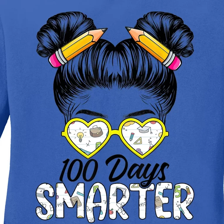 100 Days Smarter Messy Bun Hair 100 Days Of School Gift Ladies Long Sleeve Shirt