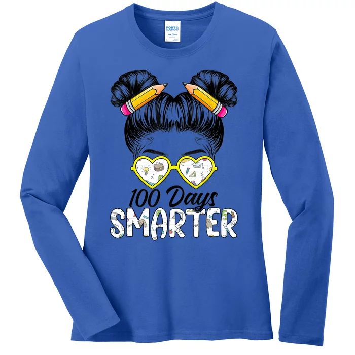 100 Days Smarter Messy Bun Hair 100 Days Of School Gift Ladies Long Sleeve Shirt