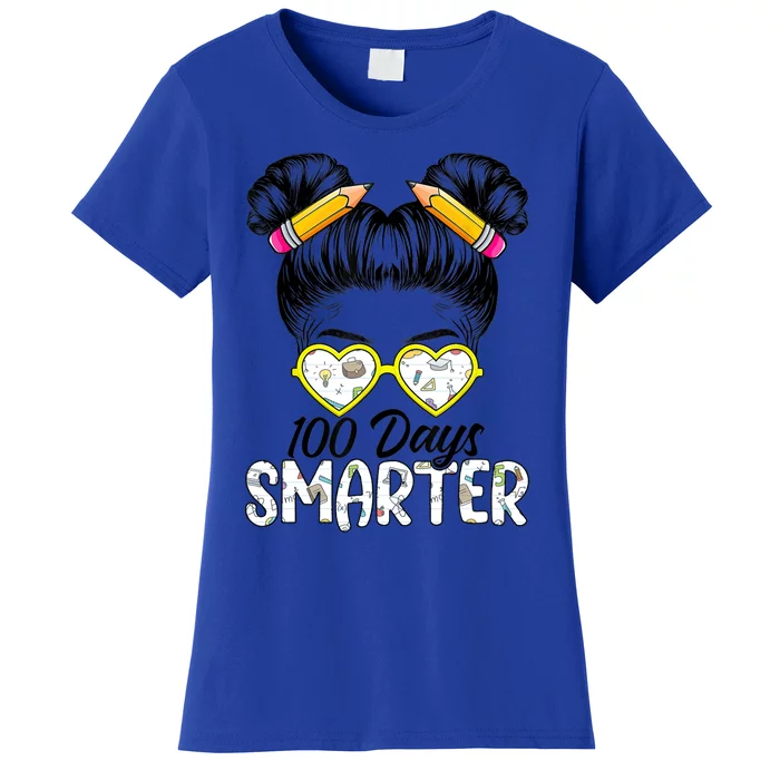 100 Days Smarter Messy Bun Hair 100 Days Of School Gift Women's T-Shirt