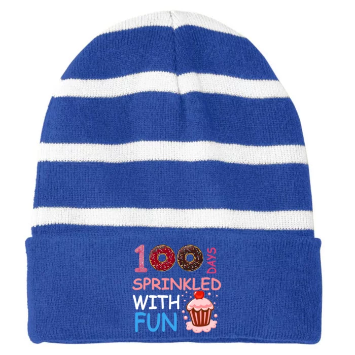 100 Days Sprinkled With Fun Donuts 100 Funny Celebration Great Gift Striped Beanie with Solid Band