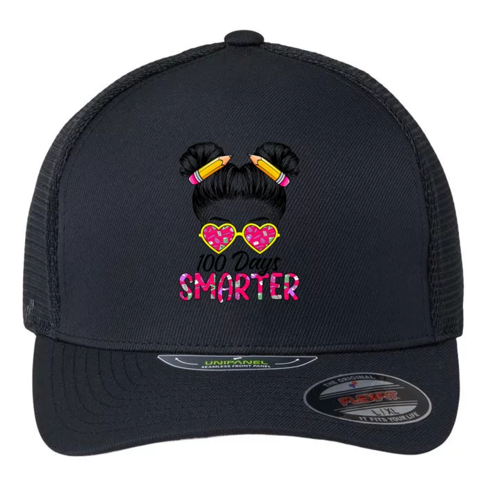 100 Days Smarter Messy Bun Hair 100th Day Of School Meaningful Gift Flexfit Unipanel Trucker Cap