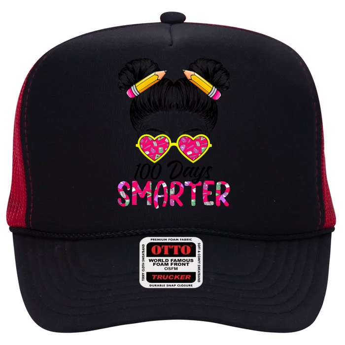 100 Days Smarter Messy Bun Hair 100th Day Of School Meaningful Gift High Crown Mesh Trucker Hat