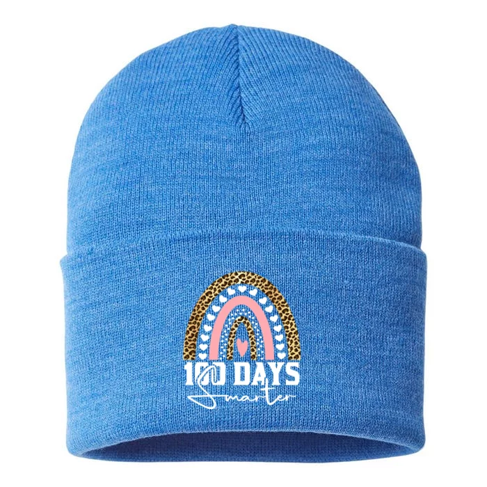 100 Days Smarter Happy 100th Day Of School Rainbow Leopard Gift Sustainable Knit Beanie