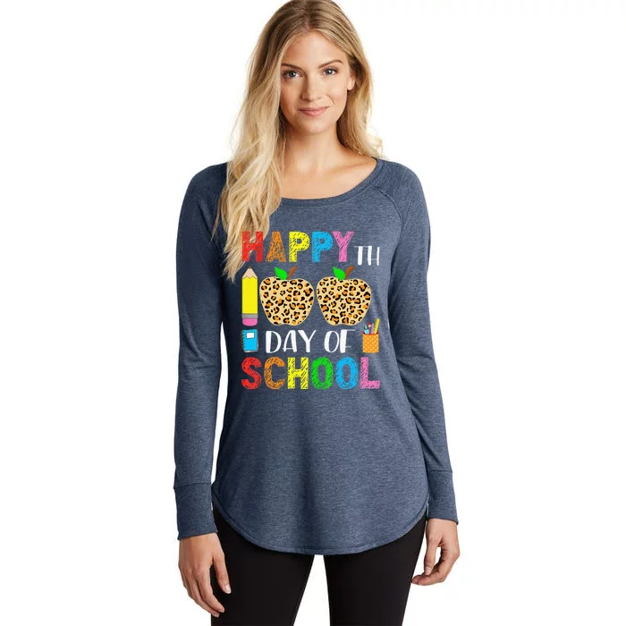 100 Days Smarter Teacher Student Leopard Happy 100 Days Women's Perfect Tri Tunic Long Sleeve Shirt