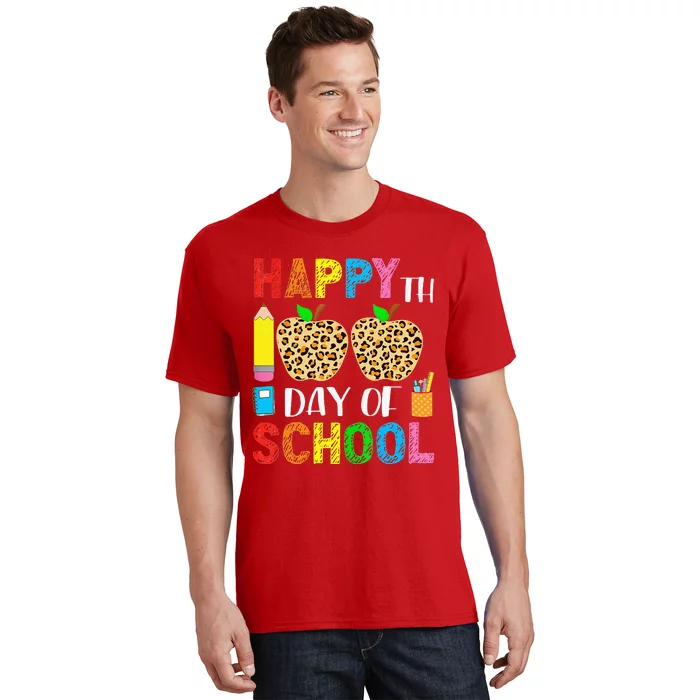 100 Days Smarter Teacher Student Leopard Happy 100 Days T-Shirt