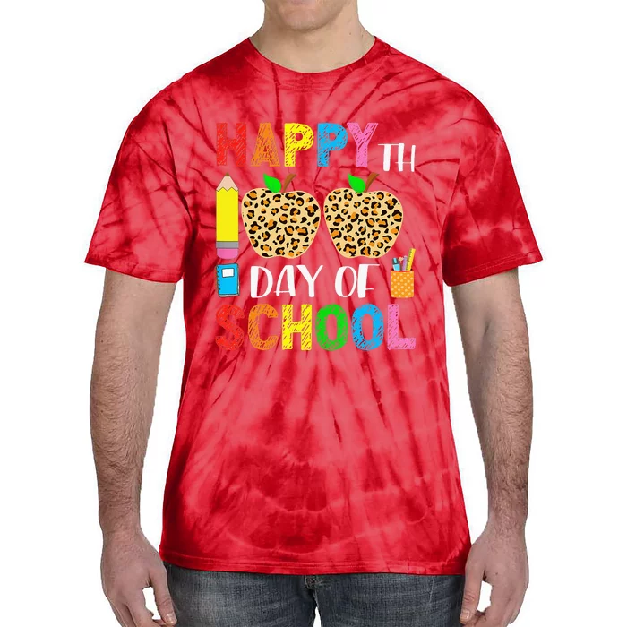 100 Days Smarter Teacher Student Leopard Happy 100 Days Tie-Dye T-Shirt