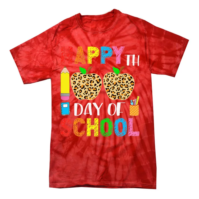 100 Days Smarter Teacher Student Leopard Happy 100 Days Tie-Dye T-Shirt