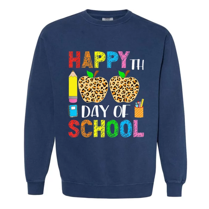 100 Days Smarter Teacher Student Leopard Happy 100 Days Garment-Dyed Sweatshirt