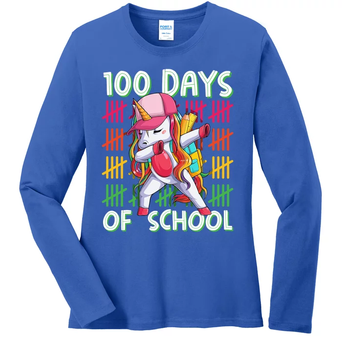 100 Days Smarter Happy 100th Day Of School Unicorn Dabbing Meaningful Gift Ladies Long Sleeve Shirt