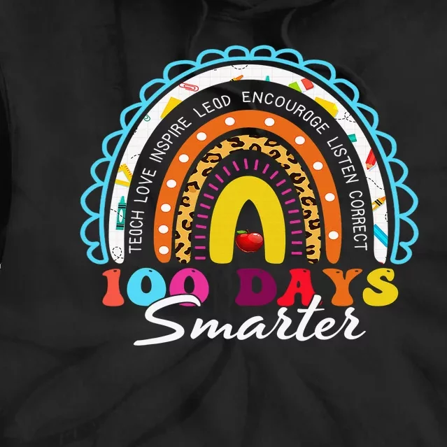 100 Days Smarter Happy 100th Day Of School Rainbow Leopard Tie Dye Hoodie