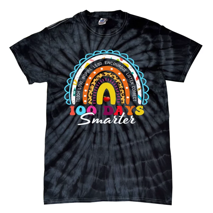 100 Days Smarter Happy 100th Day Of School Rainbow Leopard Tie-Dye T-Shirt