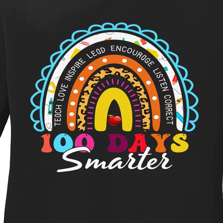 100 Days Smarter Happy 100th Day Of School Rainbow Leopard Ladies Long Sleeve Shirt