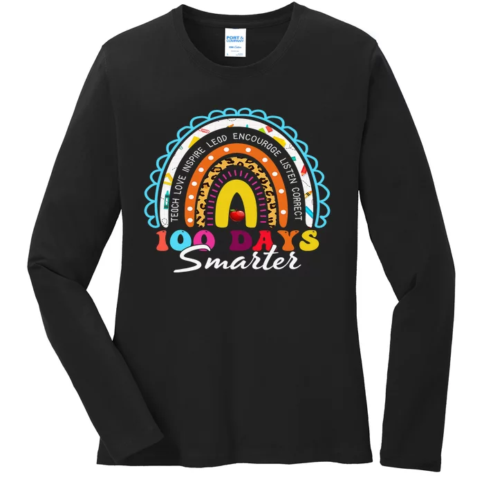 100 Days Smarter Happy 100th Day Of School Rainbow Leopard Ladies Long Sleeve Shirt