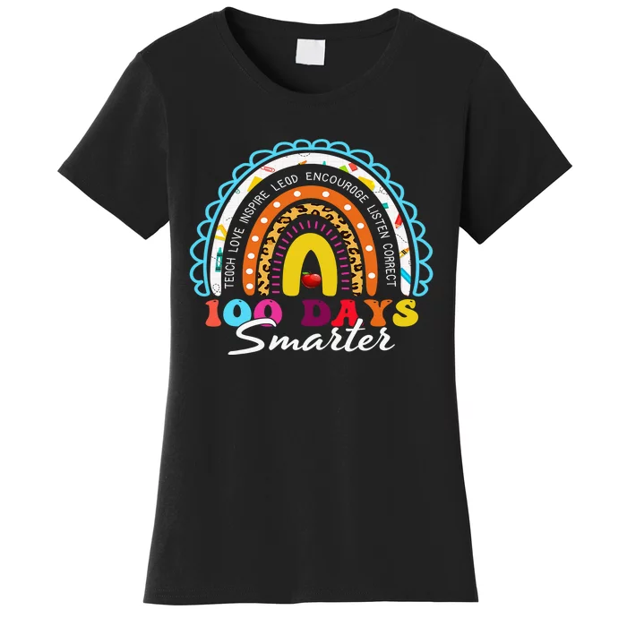 100 Days Smarter Happy 100th Day Of School Rainbow Leopard Women's T-Shirt