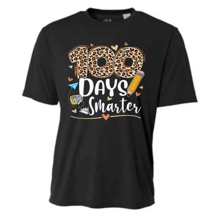 100 Days Smarter Leopard Happy 100th Day Of School Teacher Cooling Performance Crew T-Shirt