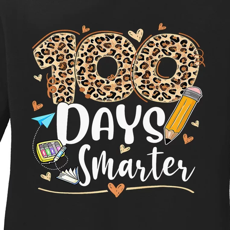 100 Days Smarter Leopard Happy 100th Day Of School Teacher Ladies Long Sleeve Shirt