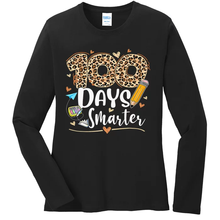 100 Days Smarter Leopard Happy 100th Day Of School Teacher Ladies Long Sleeve Shirt