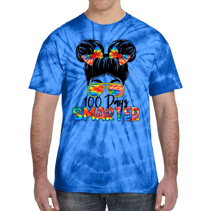 100 Days Smarter Messy Bun 100th Day Of School Gift Tie-Dye T-Shirt