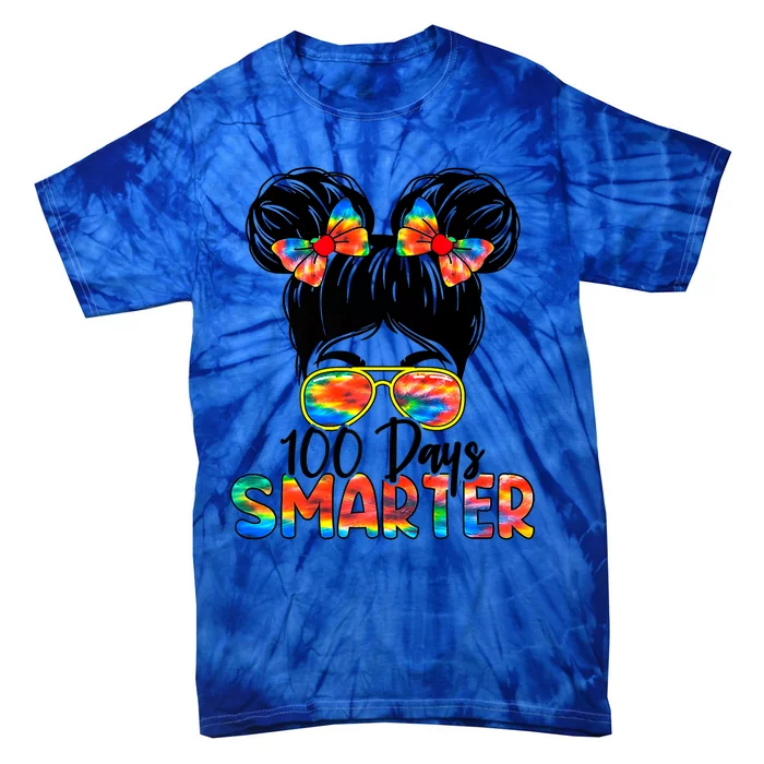 100 Days Smarter Messy Bun 100th Day Of School Gift Tie-Dye T-Shirt